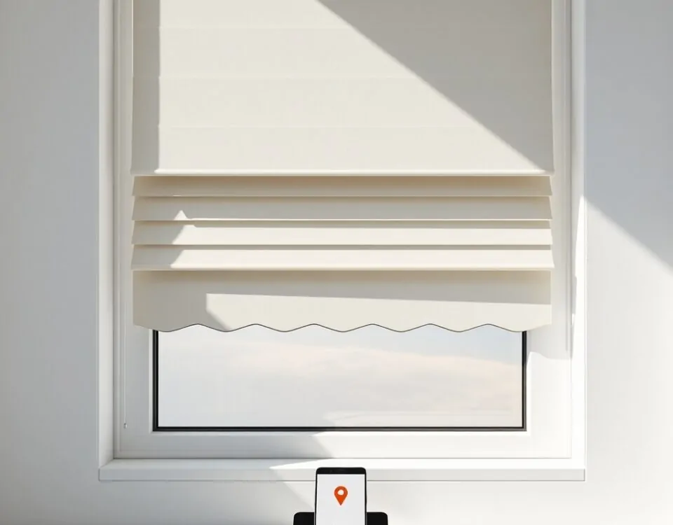 Persiana geométrica con borde irregular y dispositivo con ícono de llave y pin rojo, "Donde puedo solicitar un servicio urgente de reparacion de persianas en Alicante".