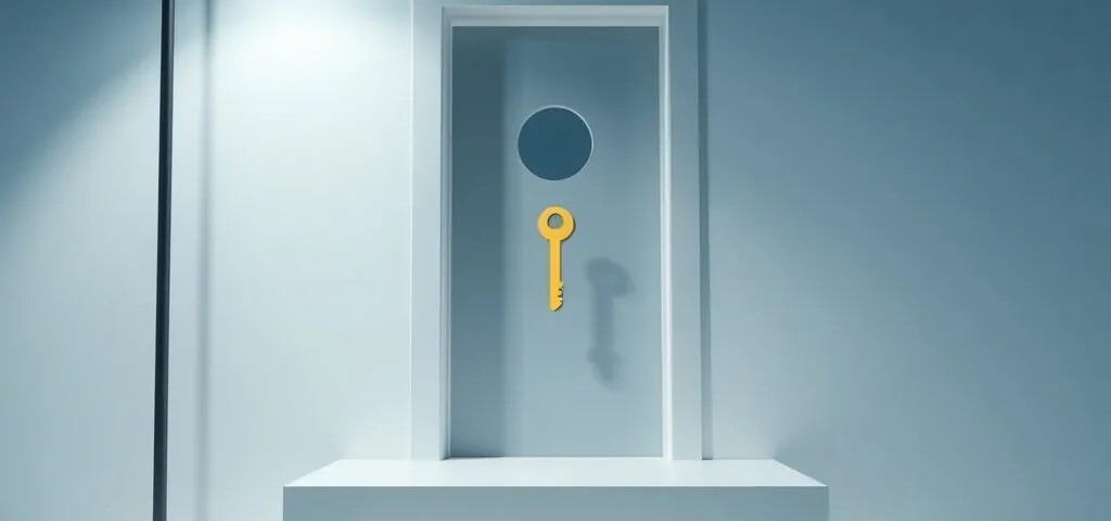 Puerta geométrica entreabierta con llave, frente a un fondo de castillo en Alicante. Donde encontrar cerrajeros de confianza para una emergencia de apertura de puertas en Alicante.