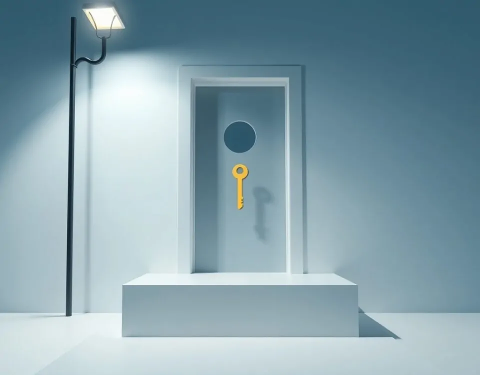 Puerta geométrica entreabierta con llave, frente a un fondo de castillo en Alicante. Donde encontrar cerrajeros de confianza para una emergencia de apertura de puertas en Alicante.