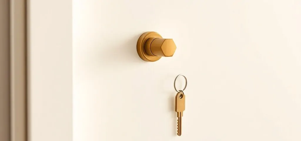 Cerradura de cilindro de latón y llave minimalista sobre panel blanco, evocando tranquilidad; cerrajeros en Alicante recomendados.