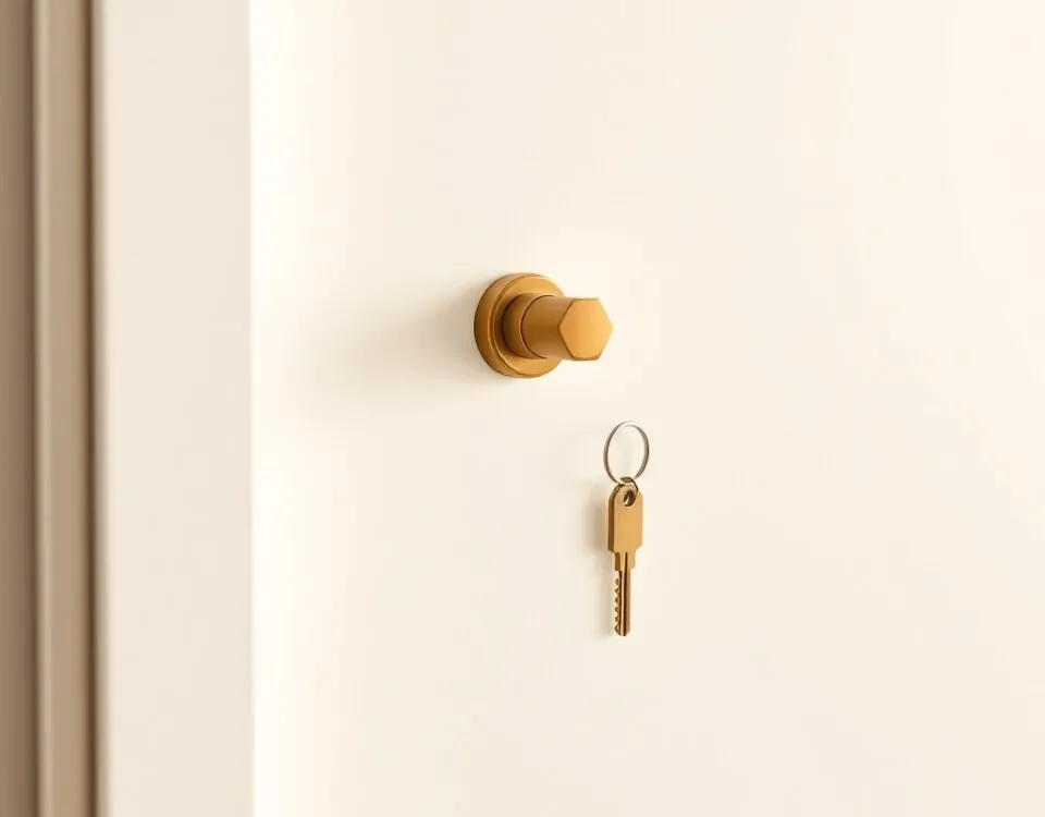 Cerradura de cilindro de latón y llave minimalista sobre panel blanco, evocando tranquilidad; cerrajeros en Alicante recomendados.