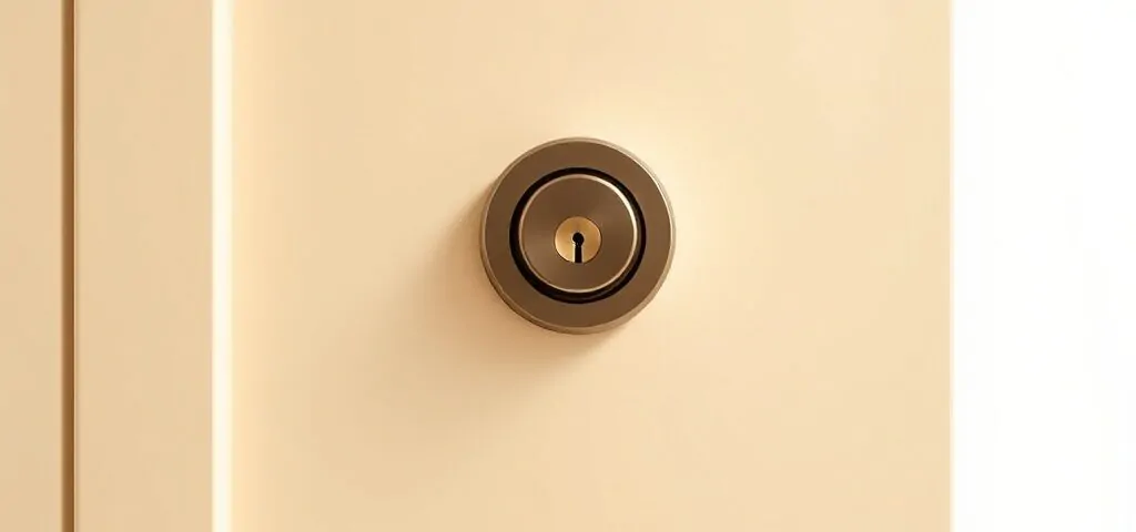 Cerradura cilíndrica en una puerta, iluminada suavemente, ideal para aprender cómo elegir la mejor cerradura para mejorar la seguridad en casa.