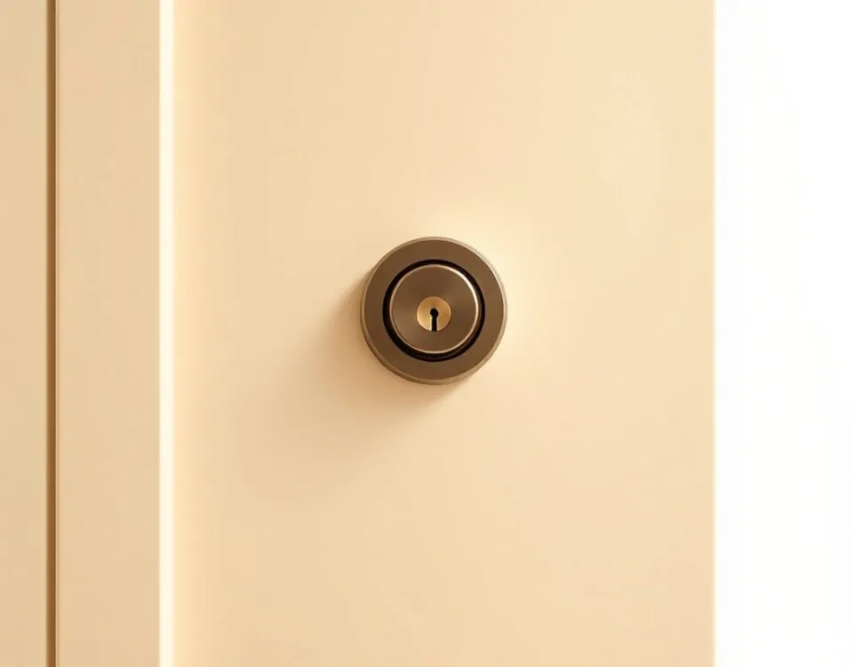 Cerradura cilíndrica en una puerta, iluminada suavemente, ideal para aprender cómo elegir la mejor cerradura para mejorar la seguridad en casa.