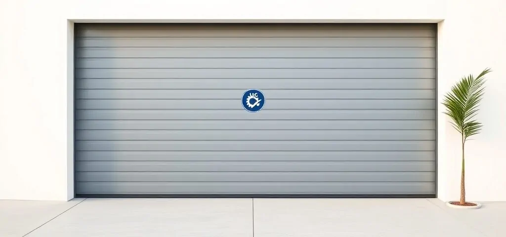 Puerta de garaje moderna en Alicante, con un emblema azul y sombra suave, representando calidad en reparaciones de puertas.