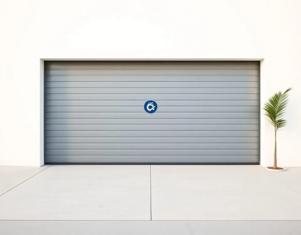 Puerta de garaje moderna en Alicante, con un emblema azul y sombra suave, representando calidad en reparaciones de puertas.