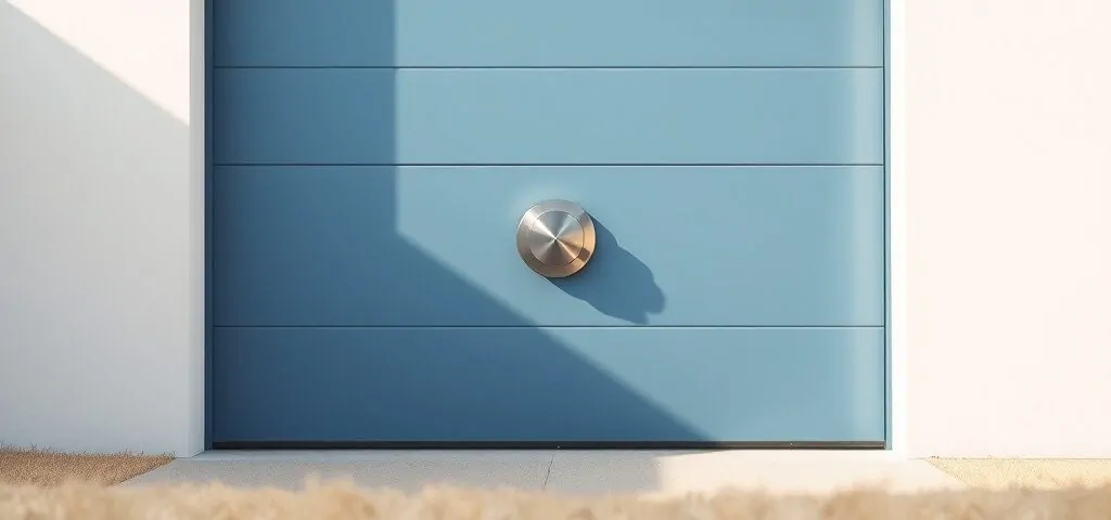 Escena geométrica con puerta de garaje azul y cerradura metálica, representando servicios de cerrajería más confiables en Alicante para la reparación de puertas de garaje.
