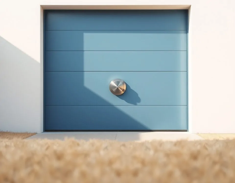 Escena geométrica con puerta de garaje azul y cerradura metálica, representando servicios de cerrajería más confiables en Alicante para la reparación de puertas de garaje.