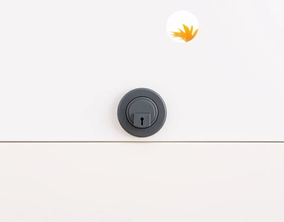 Cilindro de cerradura de garaje en un panel claro, con luz suave; ideal para encontrar empresas en Alicante para cambiar cerraduras.