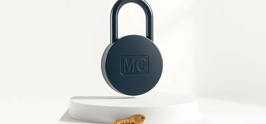 Un candado geométrico azul y una llave de latón sobre un plinto blanco, simbolizando seguridad. Cuales son los cerrajeros mas recomendados en Alicante para instalaciones de seguridad.