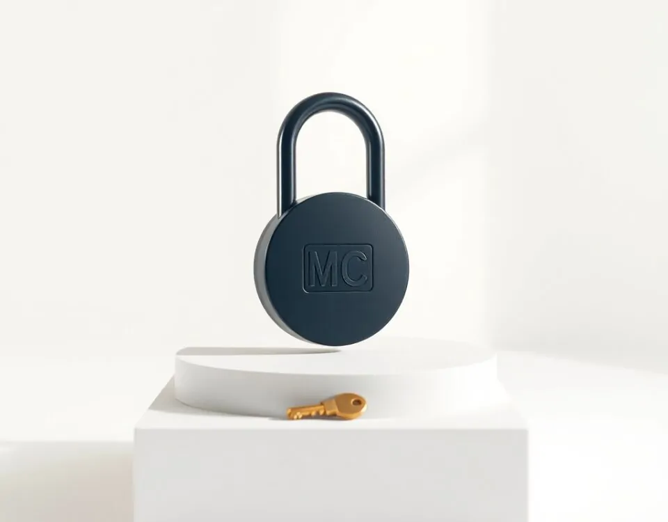 Un candado geométrico azul y una llave de latón sobre un plinto blanco, simbolizando seguridad. Cuales son los cerrajeros mas recomendados en Alicante para instalaciones de seguridad.