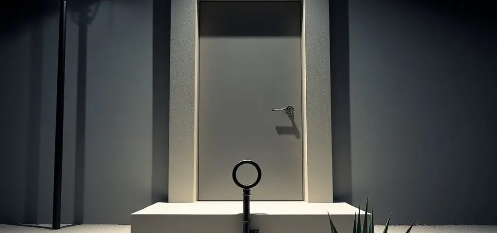 Una puerta rectangular mate con una llave grande y una silueta de agave, evocando "Donde encontrar cerrajeros de confianza para una emergencia de apertura de puertas en Alicante".