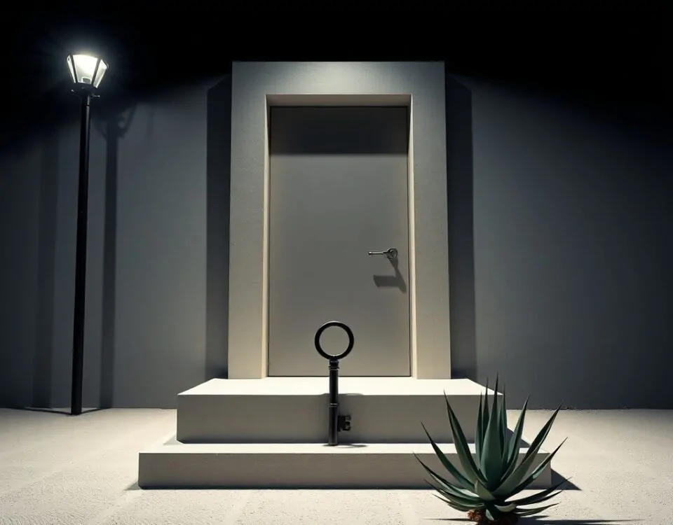 Una puerta rectangular mate con una llave grande y una silueta de agave, evocando "Donde encontrar cerrajeros de confianza para una emergencia de apertura de puertas en Alicante".