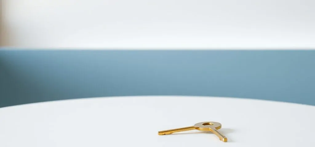 Cilindro de cerradura geométrico en mesa blanca con llave, fondo azul mediterráneo. Encuentra la mejor oferta para cambiar cerraduras en tu hogar en Alicante.