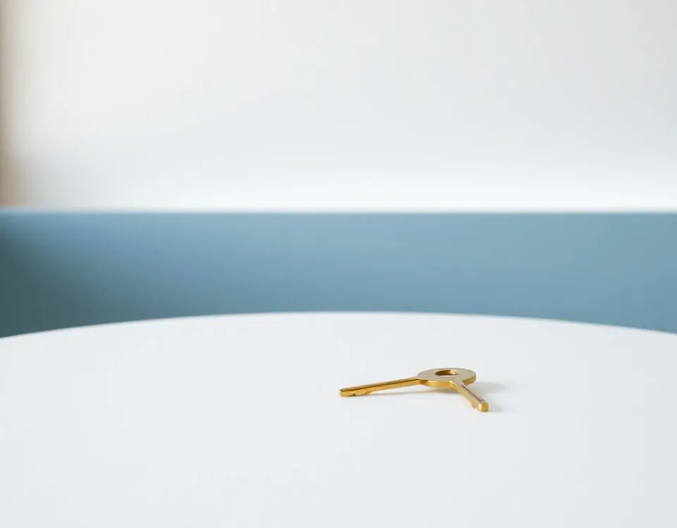 Cilindro de cerradura geométrico en mesa blanca con llave, fondo azul mediterráneo. Encuentra la mejor oferta para cambiar cerraduras en tu hogar en Alicante.