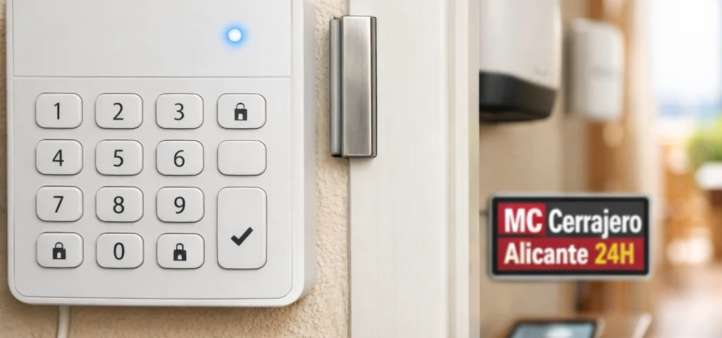 Panel de alarma inalámbrico instalado junto a una puerta en Alicante; Cuales son las opciones mas accesibles en Alicante para la instalacion de sistemas de seguridad