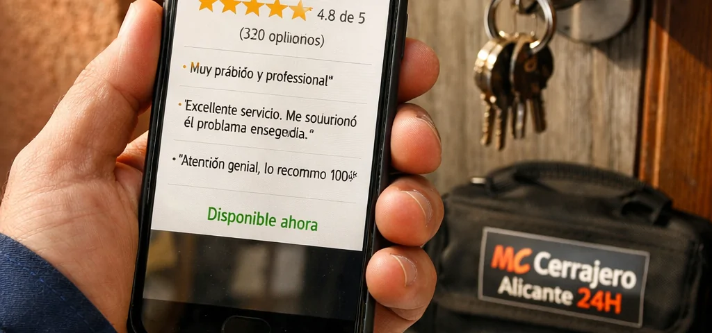 Mano sostiene móvil con cerrajero 24 horas Alicante, buenas reseñas y “Disponible ahora”; presupuesto y factura junto a la puerta.