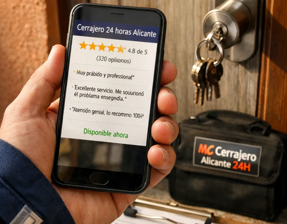 Mano sostiene móvil con cerrajero 24 horas Alicante, buenas reseñas y “Disponible ahora”; presupuesto y factura junto a la puerta.