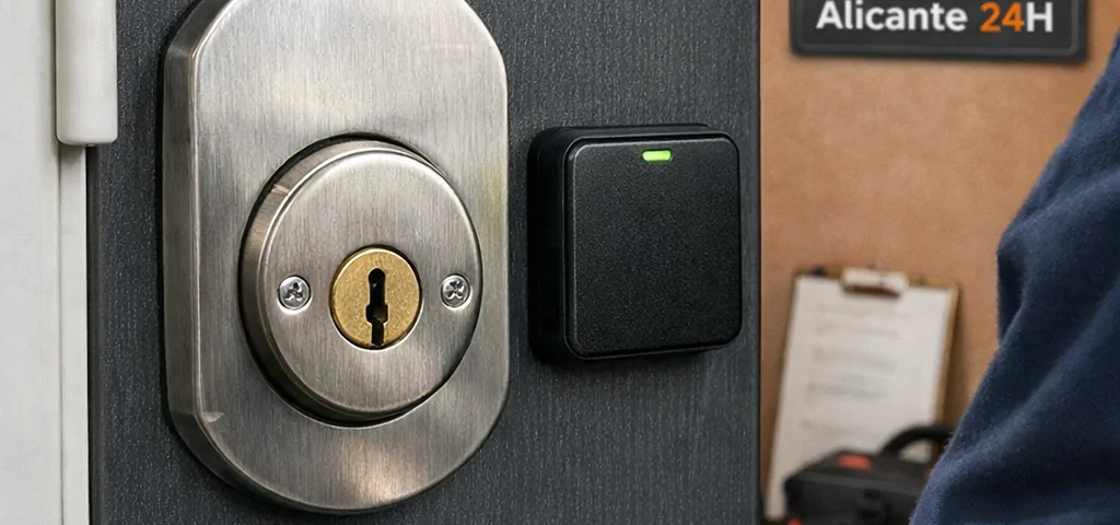 Instalación profesional de cerradura inteligente en puerta mediterránea; Que cerrajeria en Alicante ofrece instalaciones de sistemas de seguridad