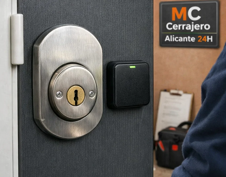 Instalación profesional de cerradura inteligente en puerta mediterránea; Que cerrajeria en Alicante ofrece instalaciones de sistemas de seguridad