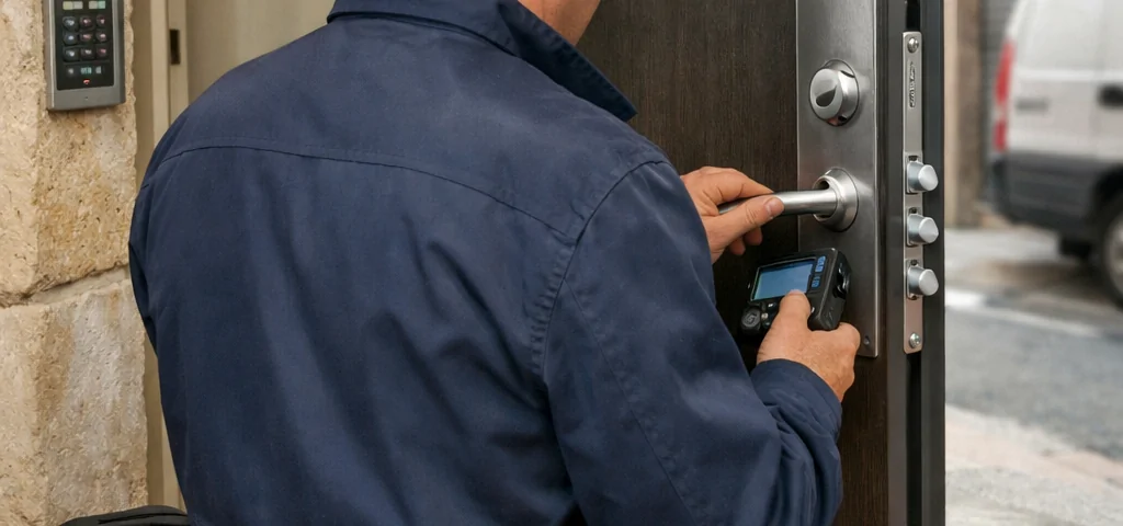 Cerrajero inspecciona una puerta reforzada en Alicante; Que servicios de seguridad ofrecen los cerrajeros en Alicante