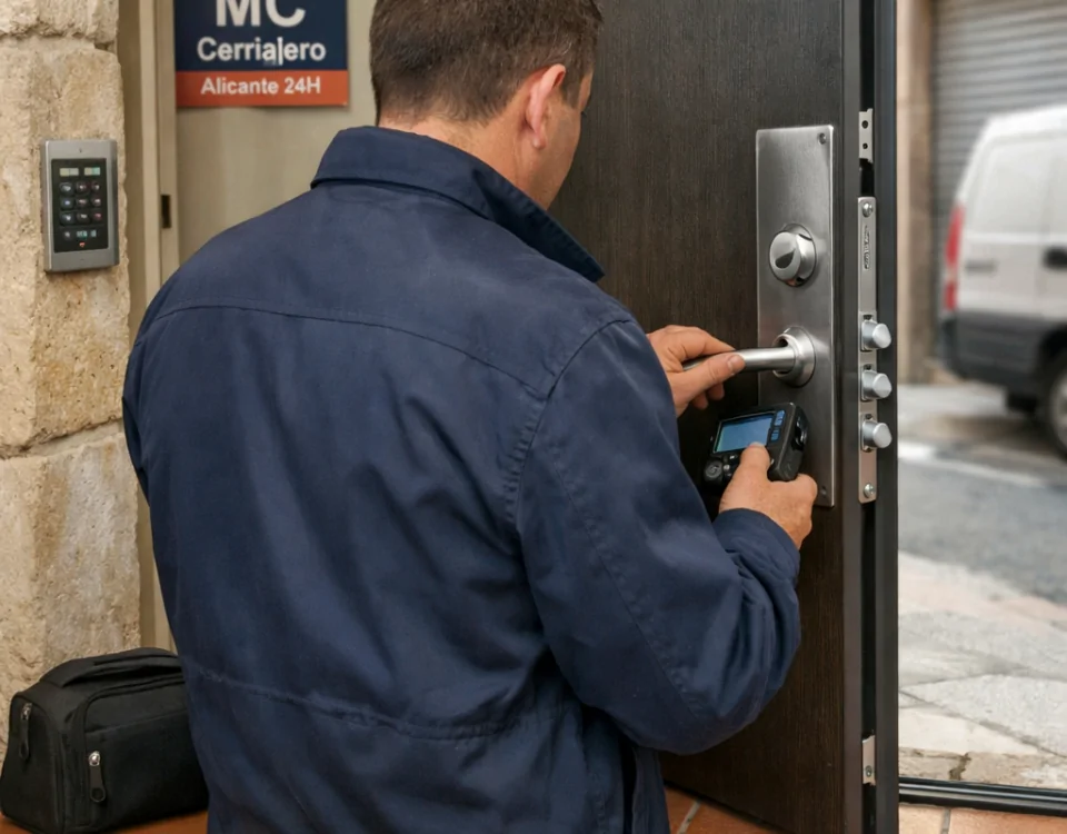 Cerrajero inspecciona una puerta reforzada en Alicante; Que servicios de seguridad ofrecen los cerrajeros en Alicante