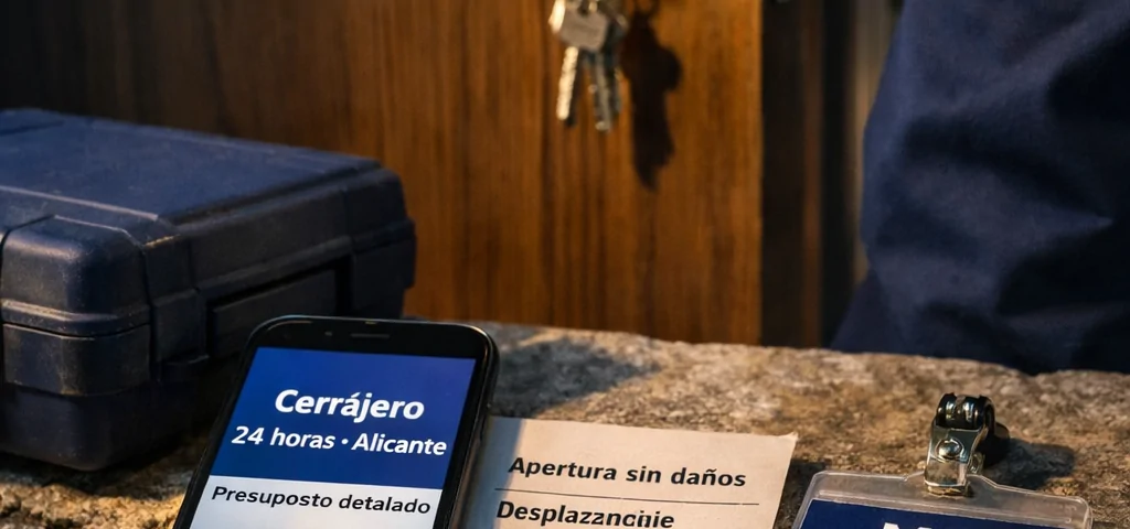 Smartphone y presupuesto de cerrajero junto a una puerta en Alicante; “Donde puedo contratar un cerrajero para apertura de puertas en Alicante”.