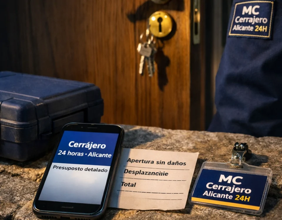 Smartphone y presupuesto de cerrajero junto a una puerta en Alicante; “Donde puedo contratar un cerrajero para apertura de puertas en Alicante”.