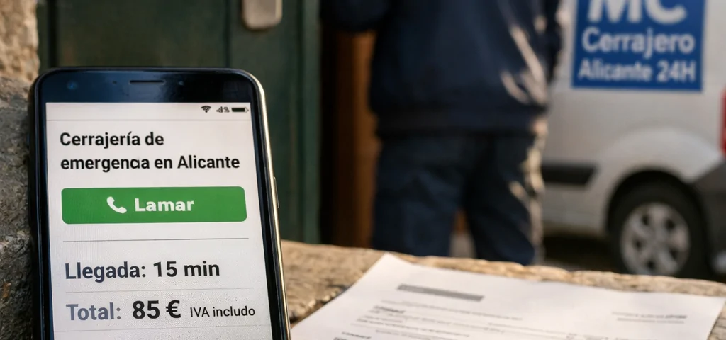 Móvil muestra “Donde puedo contratar un servicio de cerrajeria de emergencia en Alicante”, llegada en 15 min y total de 85 €.