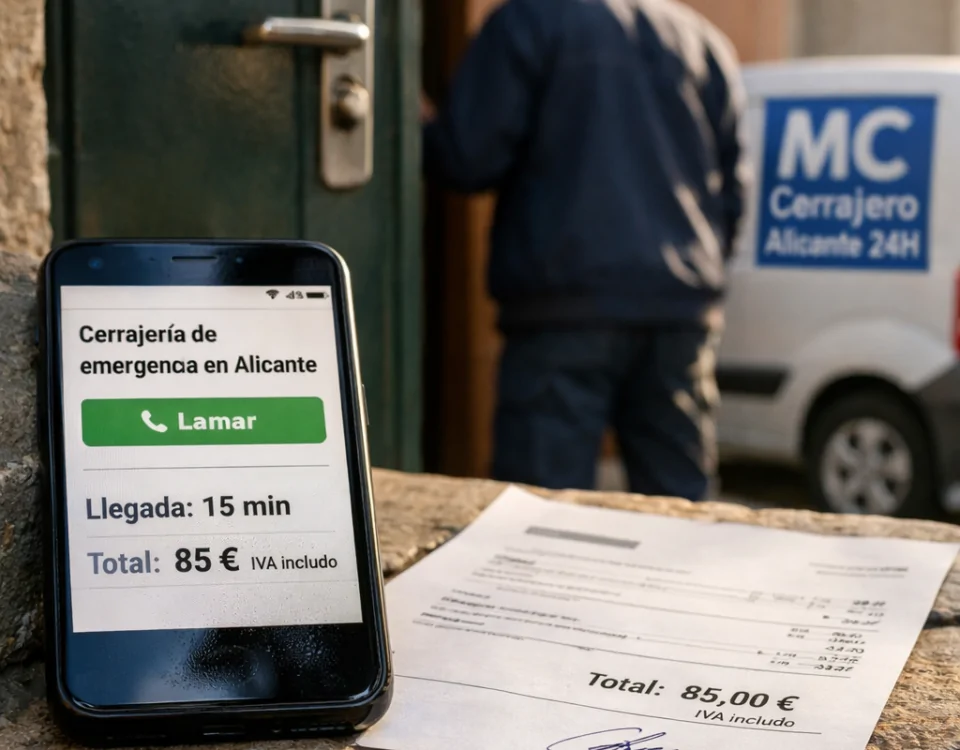 Móvil muestra “Donde puedo contratar un servicio de cerrajeria de emergencia en Alicante”, llegada en 15 min y total de 85 €.