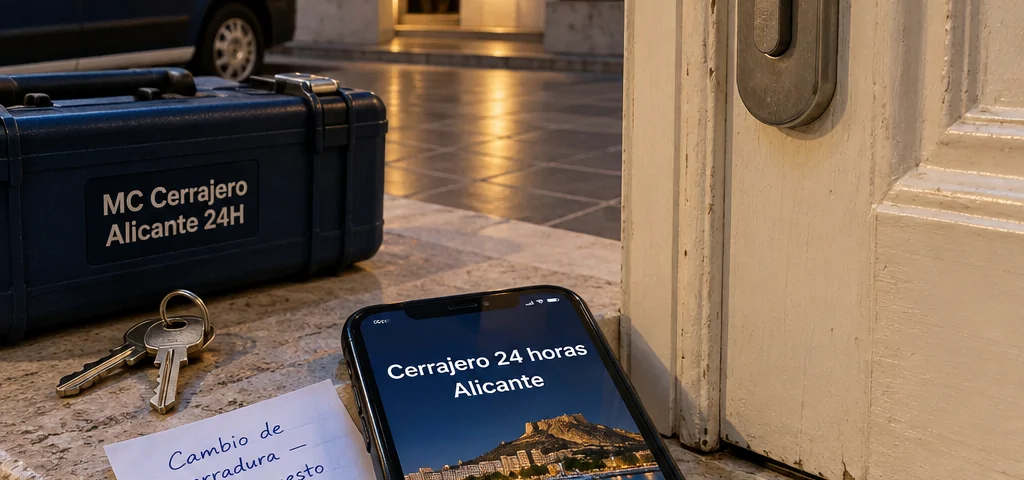 Móvil con “Cerrajero 24 horas Alicante” y “Llamar ahora” junto a cerradura; Encuentra un servicio de cambio de cerraduras disponible 24 horas en Alicante