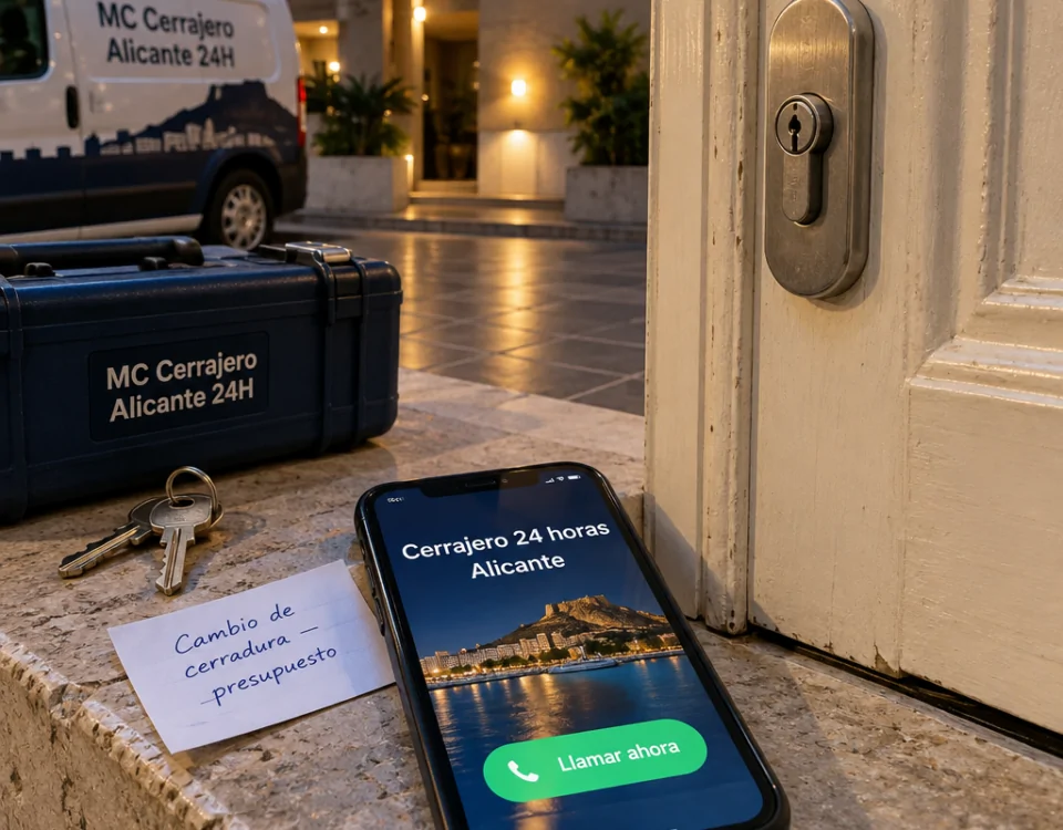 Móvil con “Cerrajero 24 horas Alicante” y “Llamar ahora” junto a cerradura; Encuentra un servicio de cambio de cerraduras disponible 24 horas en Alicante