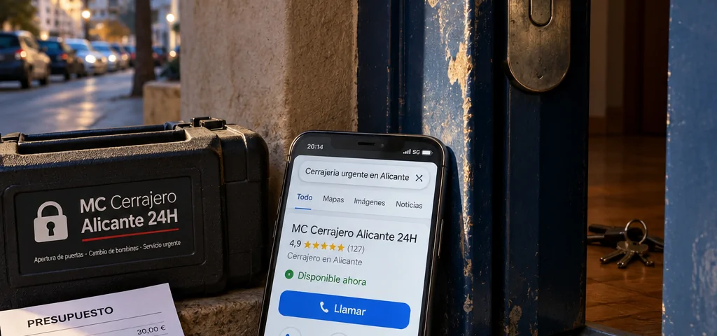 Puerta de Alicante y móvil con “Cerrajería urgente”; llaves inaccesibles. Donde puedo contratar servicios urgentes de cerrajeria en Alicante