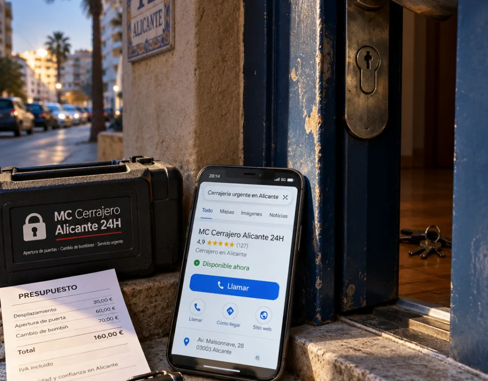 Puerta de Alicante y móvil con “Cerrajería urgente”; llaves inaccesibles. Donde puedo contratar servicios urgentes de cerrajeria en Alicante
