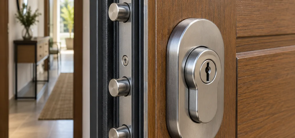 Puerta residencial reforzada con escudo acorazado y cilindro de alta seguridad; Cuales son las cerraduras mas seguras para instalar en una casa