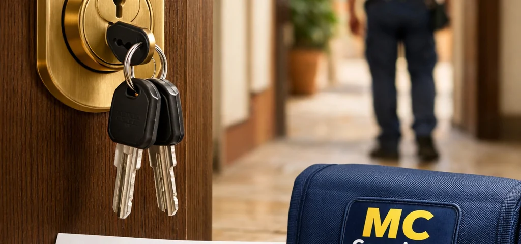 Puerta blindada con cilindro de latón, llaves y presupuesto; técnico al fondo. Cuales son los servicios de cerrajeria mas recomendados en Alicante
