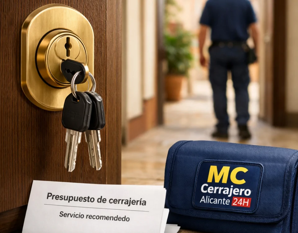 Puerta blindada con cilindro de latón, llaves y presupuesto; técnico al fondo. Cuales son los servicios de cerrajeria mas recomendados en Alicante