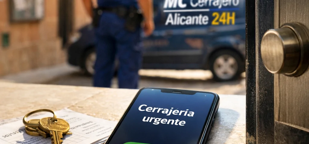 Teléfono muestra “Cerrajería urgente” junto a llaves y cerrajero en Alicante; Donde puedo solicitar un servicio urgente de cerrajería en Alicante