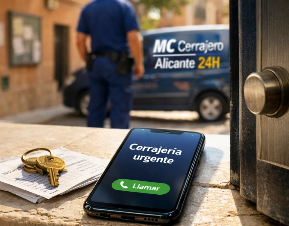 Teléfono muestra “Cerrajería urgente” junto a llaves y cerrajero en Alicante; Donde puedo solicitar un servicio urgente de cerrajería en Alicante
