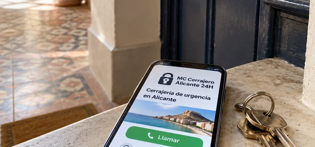 Móvil con “Cerrajería de urgencia en Alicante” y llaves junto a una puerta. Donde puedo encontrar servicios de cerrajeria de emergencia en Alicante