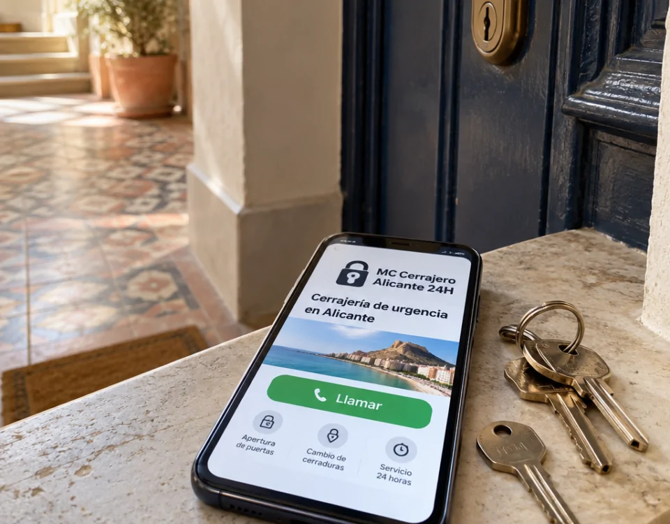 Móvil con “Cerrajería de urgencia en Alicante” y llaves junto a una puerta. Donde puedo encontrar servicios de cerrajeria de emergencia en Alicante