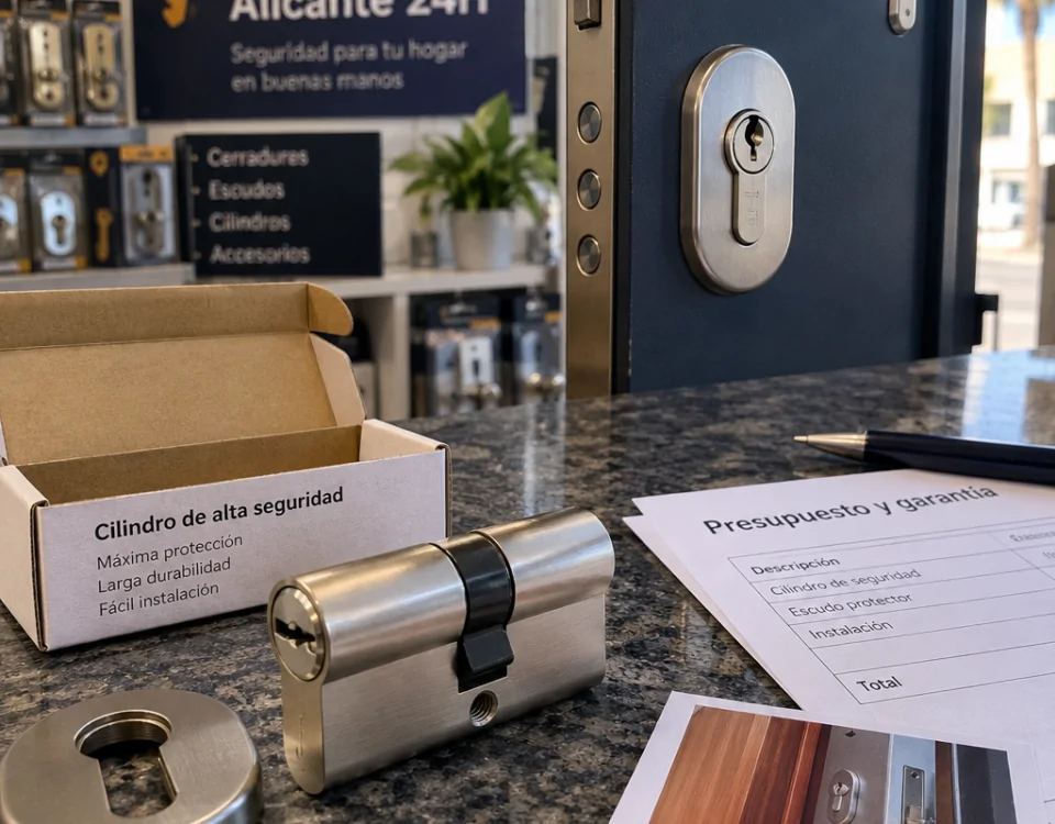 Cilindro europeo y escudo sobre el mostrador de una cerrajería en Alicante; «Donde puedo comprar cerraduras de alta seguridad en Alicante».